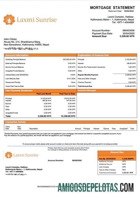 em branco Modelo Word e PDF de extrato de hipoteca do Nepal Laxmi Sunrise Bank